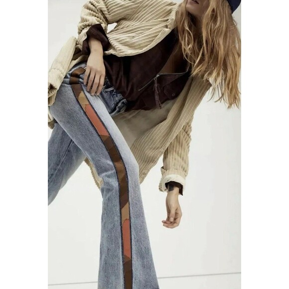 FREE PEOPLE X DRIFTWOOD FARRAH FLARE JEANS Size 25 Western Patchwork Stripe 34" - Picture 2 of 9